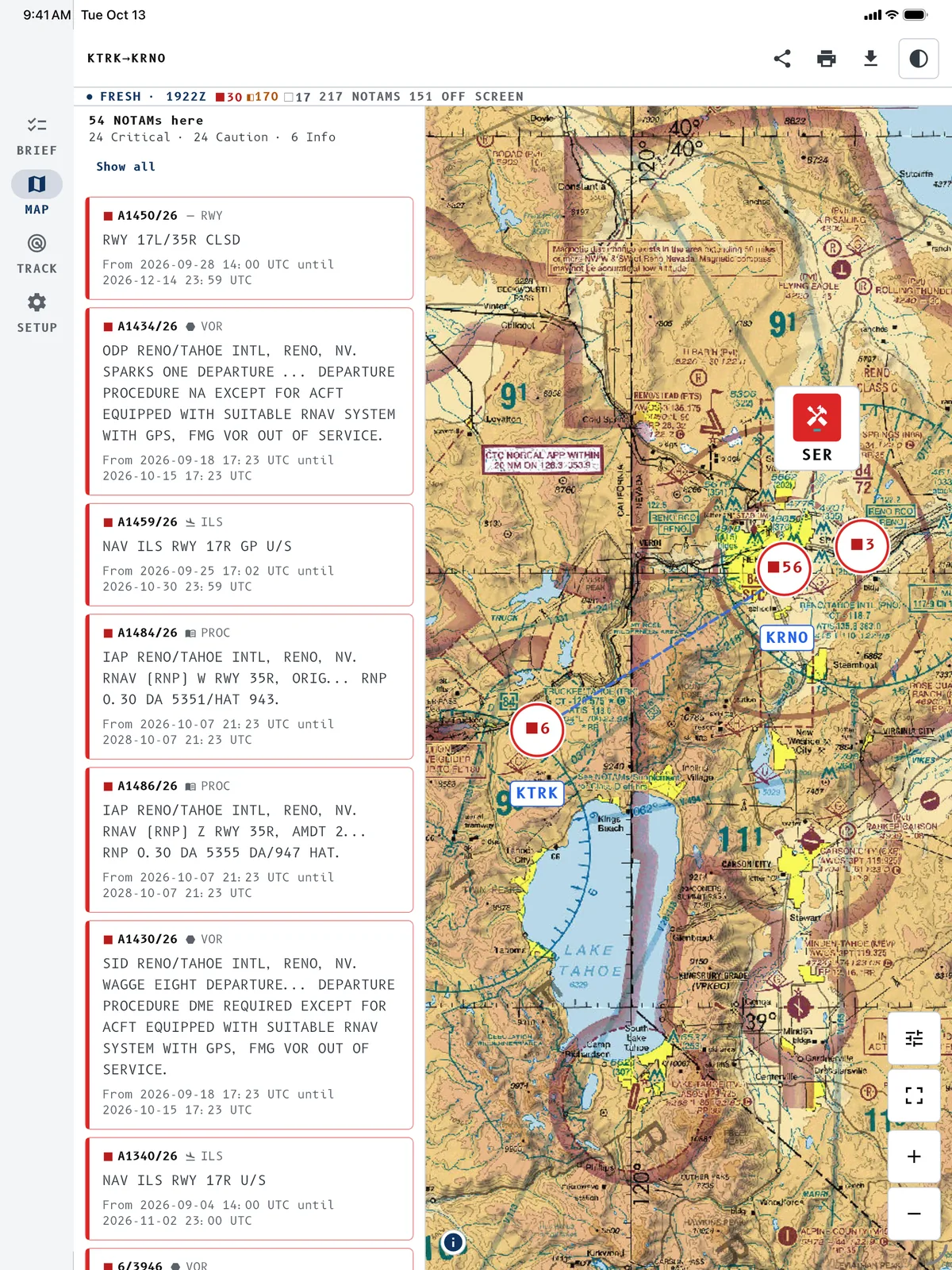 Route and NOTAMs on the chart, on iPad