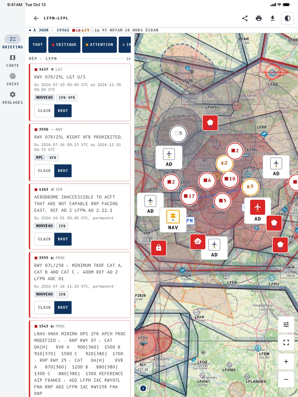 Briefing classé par gravité sur iPad