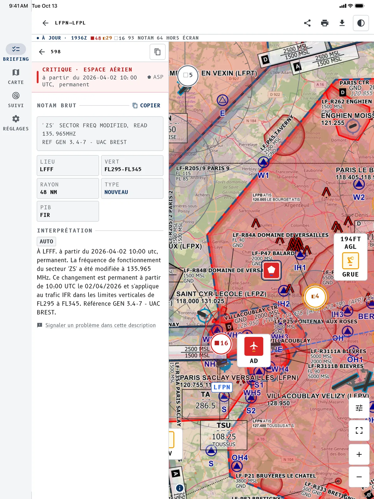 Route et NOTAM sur la carte, sur iPad