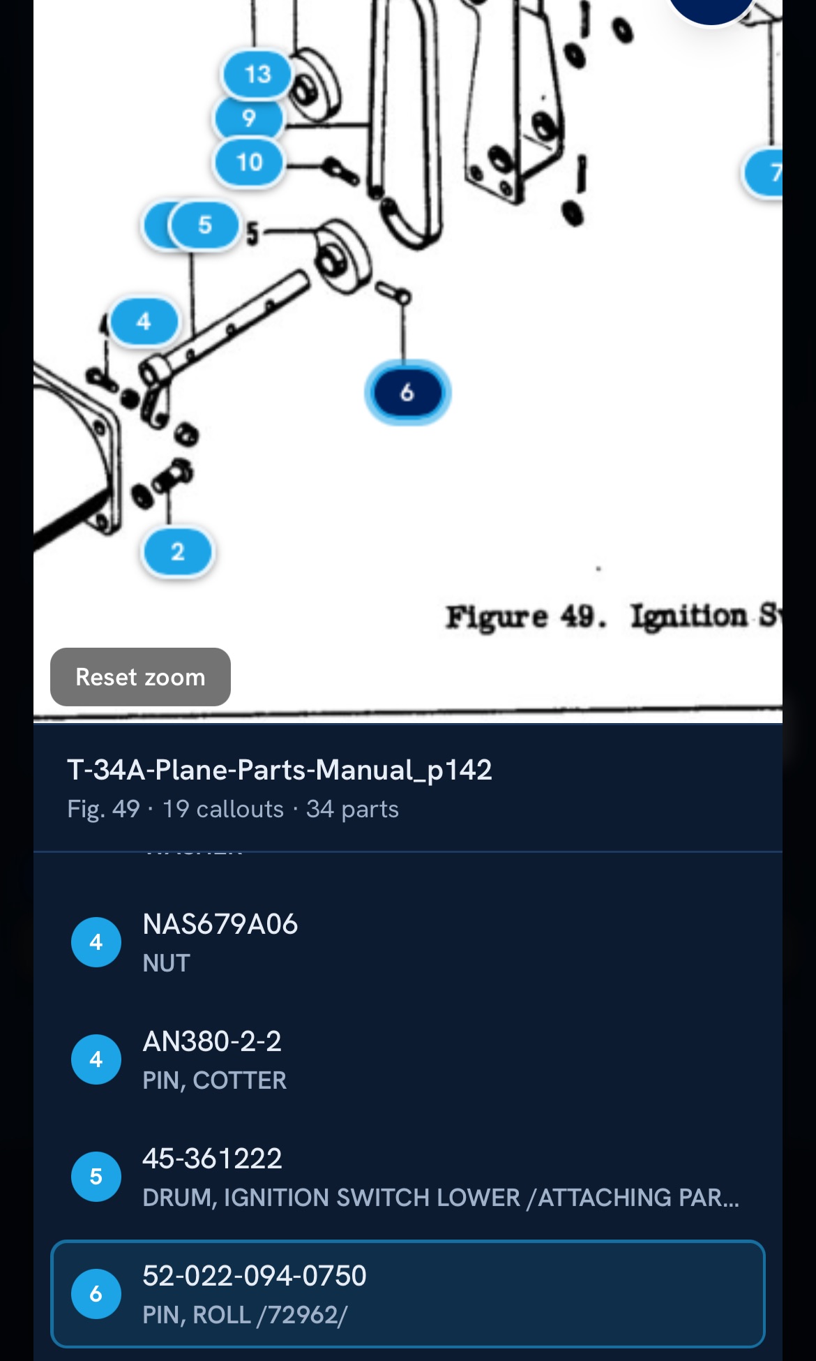 Visionneuse de pièces interactive d'ELA avec zones cliquables sur une vue éclatée