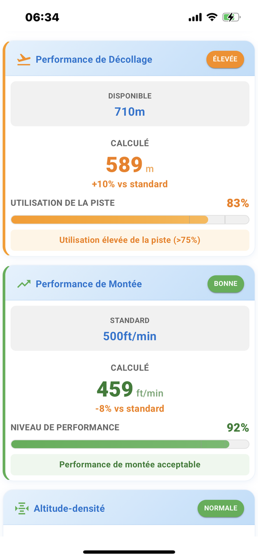 Performance app results screen showing computed takeoff figures
