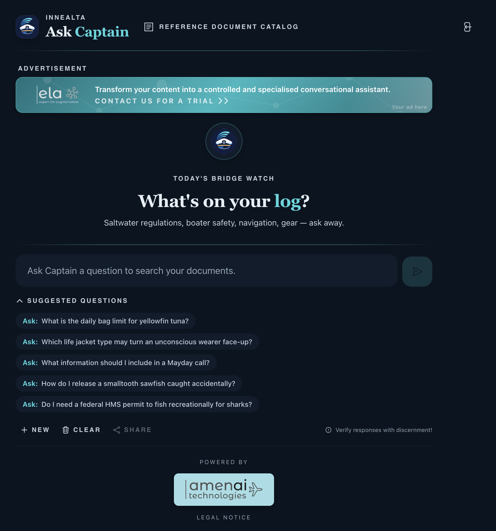 Ask Captain interface: reference document catalog, suggested questions on fishing regulations and boater safety, powered by amenai technologies